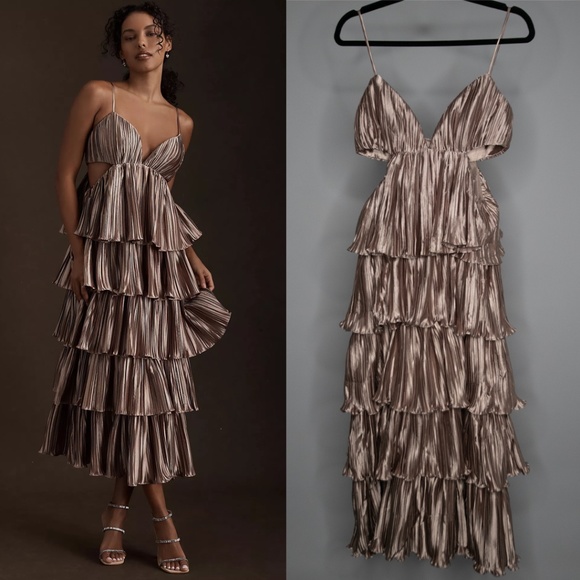 Cushnie Dresses & Skirts - NWT BHLDN by Carly Cushnie Brenna Tiered Pleated V-Neck Cutout Midi Dress Bronze